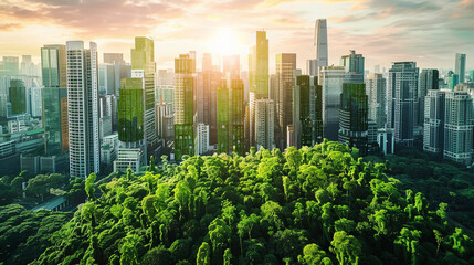 city skyline at sunset, A futuristic cityscape with innovative green architecture and sustainable infrastructure photography