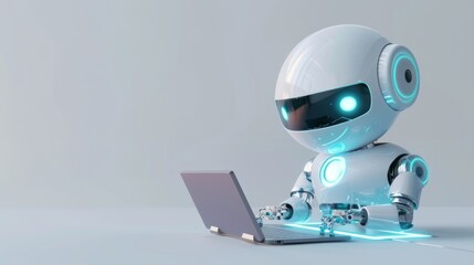 Fototapeta premium Cute friendly artificial intelligence robot using laptop computer with white neon glow light, light grey background, chatbot and AI assistant concept futuristic technology 3d illustration, banner