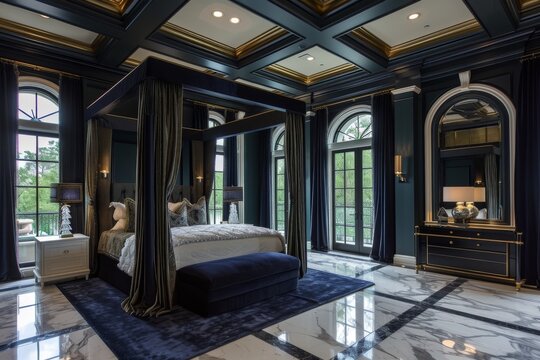 A luxury bedroom retreat, featuring marble flooring, coffered ceilings