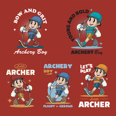 Collection of Cute Boy Archery Bowman Player Sport Retro Mascot Character Cartoon Design Illustration Set