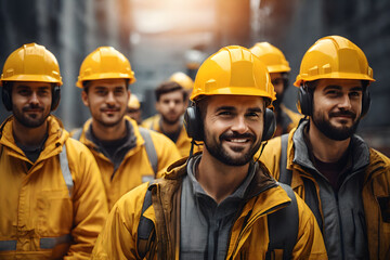 A close-up of a group of construction workers in yellow safety helmets and protective clothing against a construction backdrop.