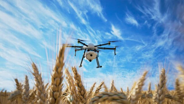 Agritech Drone Flying Over Wheat Field Against Blue Sky