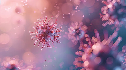 Artistic portrayal of virus particles in a fluid medium, highlighted with soft lighting to evoke beauty amidst potential danger.
