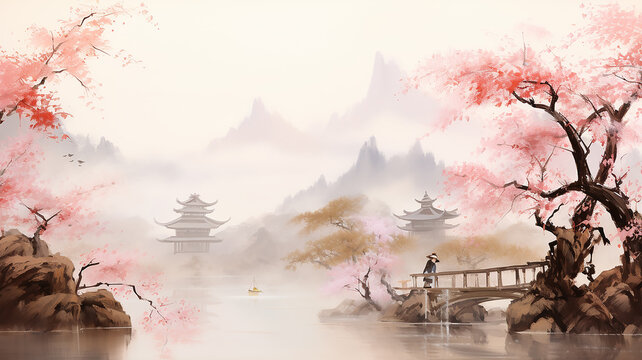 A peaceful landscape in watercolor in a traditional Asian style