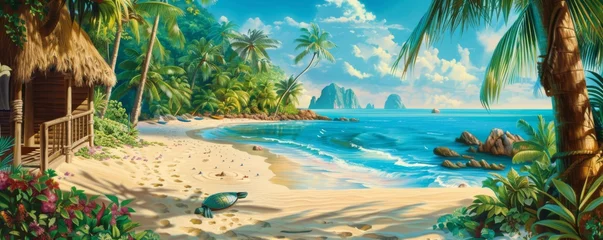 Foto op Canvas Tropical beach scene with palm trees, hut, ocean, and a turtle on sand © kitinut