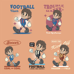 Collection of Soccer Player Cute Boy with Red and Blue Jersey Vintage Sport Mascot Character Cartoon Design Illustration Set