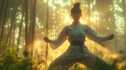 An athletic woman strikes a focused Tai Chi pose amidst the ethereal light of a tranquil bamboo forest.