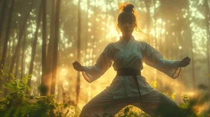 Foto auf Acrylglas An athletic woman strikes a focused Tai Chi pose amidst the ethereal light of a tranquil bamboo forest. © feeling lucky