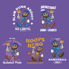 Collection of Cute American Guy Basketball Player Sport Retro Mascot Character Cartoon Design Illustration Set