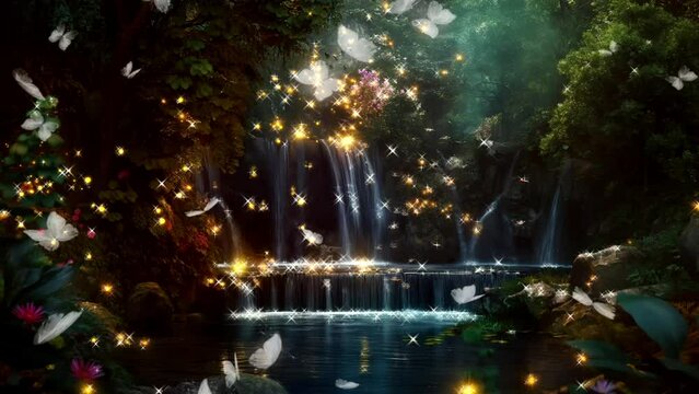 A serene waterfall in a mystical forest, glowing fireflies and colorful butterflies fluttering around
