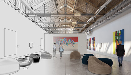 Entwurf der Gestaltung einer Ausstellungshalle in einem renovierten postindustriellen Gebäude – 3D-Visualisierung