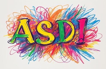 Bright abbreviation ASD in chaotic crayon drawing style made by scribbles
