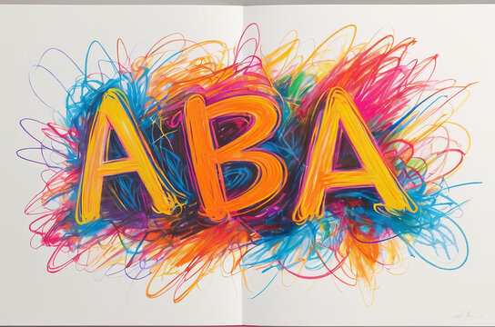 Bright abbreviation ABA in chaotic crayon drawing style made by scribbles