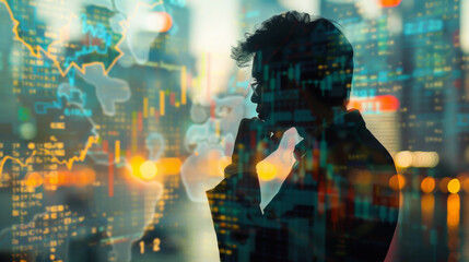 A composite image blending the silhouettes of business professionals with global maps and technological data, symbolizing interconnected commerce and digital innovation.
