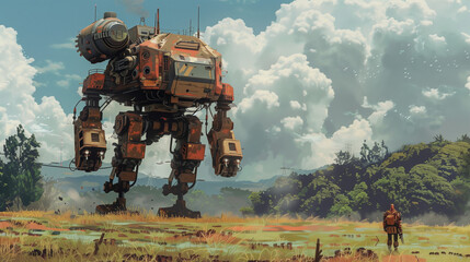 concept art of orange diesel punk machine , weapon machine , blue sky