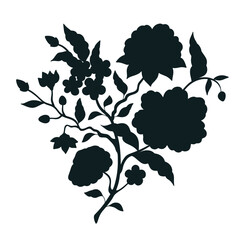 Monochrome floral chinoiserie motifs isolated on white background. Abstract hand drawn botanical print.