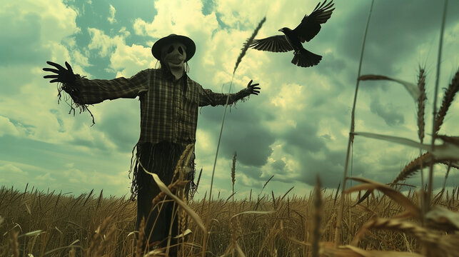 scary scarecrow on the field ,barn with crow