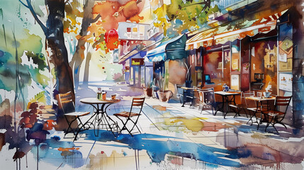water color painting style of beautiful coffee shop on the street, homie caf&eacute;