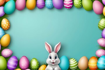 Fototapeta na wymiar Easter card with cartoon Easter bunny and easter eggs