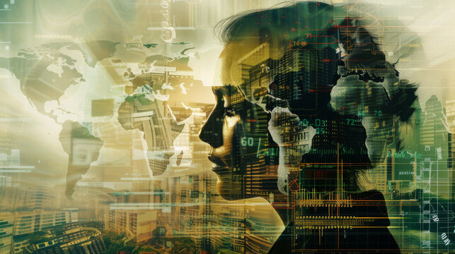 A composite image blending the silhouettes of business professionals with global maps and technological data, symbolizing interconnected commerce and digital innovation. - Powered by Adobe
