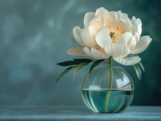 soft toned photo of a peony in a simple glass vase, dark background, elegant, fine art style pure beauty