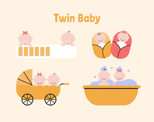 Baby flat vector for baby shower and nursery illustration. Twin baby, children, boy and girl illustration. Baby activity kicking bump.