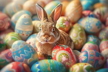 Fototapeta na wymiar Bunny in a Basket of Easter Eggs Generative AI