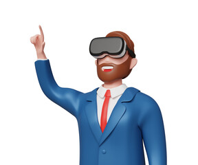 3D young bearded businessman wearing virtual reality glasses touching augmented reality screen. Digital evolution, virtual conference, innovate, VR technology, business, finance concept