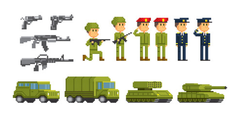 Fototapeta premium Soldiers, officers, vehicles icon set. 8-bit sprite. isolated vector illustration. Design for stickers, logo, embroidery, mobile app.