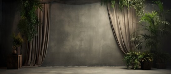 Empty wooden frame with plants in front of gray curtains. - Powered by Adobe