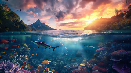 shark and colorful fishes in under water sea reef with dramatic sunrise sky and volcano mountain...