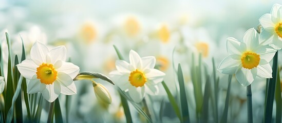 A beautiful field of daffodils, with white and yellow petals, growing among the grass in a natural landscape. An artistic display of flowering plants in a meadow event