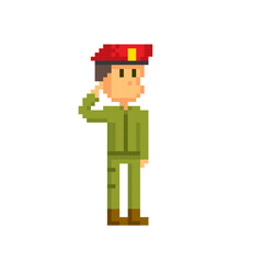 Soldier salute. Pixel art. 8 bit video game. 8-bit sprite. isolated vector illustration. Design for stickers, logo, embroidery, mobile app.