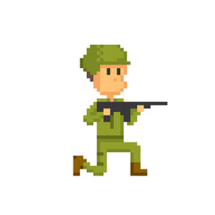 A soldier is on his knee aiming from an assault rifle. Pixel art. 8 bit video game. 8-bit sprite. isolated vector illustration. Design for stickers, logo, embroidery, mobile app.