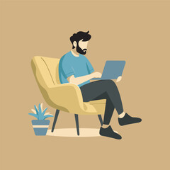 Flat Illustration Character of a Cheerful Man Working on Laptop