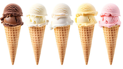 Collection of ice cream cones isolated on transparent background