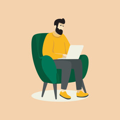 Flat Illustration Character of a Cheerful Man Working on Laptop
