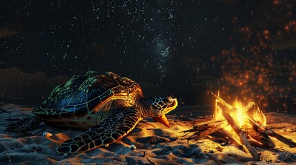 Turtle Tunes A Nighttime Fire Glows as the Turtle Lays on the Sand Generative AI