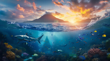 shark and colorful fishes in under water sea reef with sunrise sky and volcano mountain background above it