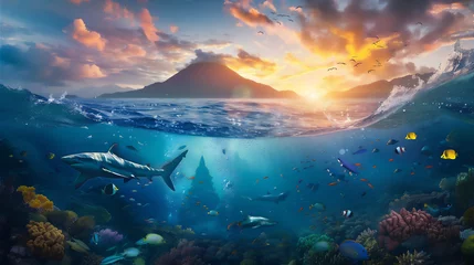 Selbstklebende Fototapeten shark and colorful fishes in under water sea reef with sunrise sky and volcano mountain background above it © Maizal