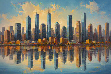 A painting of a city skyline with a large body of water in the background