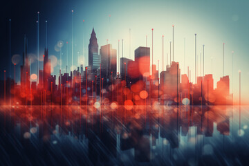 Abstract Business Background with Double Exposure of Red and Blue-Toned elements and Business Skyscrapers Buildings. Ai generated