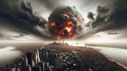 Artistic concept illustration of a dystopian city with fiery asteroid meteorite planet in background. Concept of dystopia, apocalypse, war, catastrophe, destruction, disaster, end of world, space. - obrazy, fototapety, plakaty