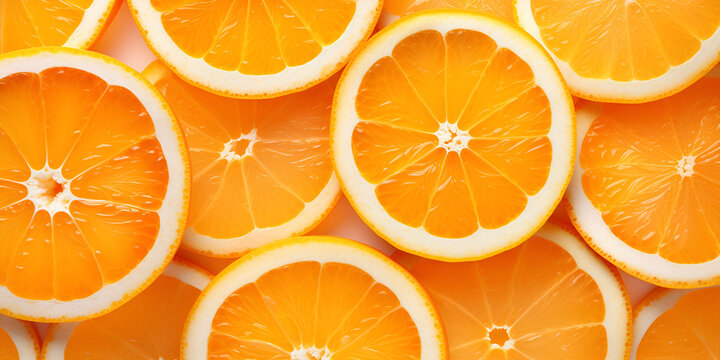 Orange slices background top view Orange ripe citrus fruits cut banner
