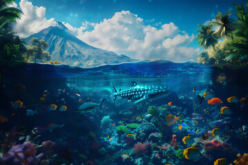shark and colorful various fishes in under water sea with volcano mountain background above it