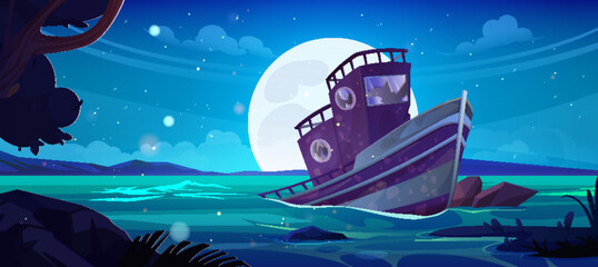 Naklejka premium Cartoon ship wreck and sinking after crash vector illustration. Broken abandoned vintage boat in sea. Dilapidated cracked fishing water transport and calm night full moon blue marine landscape