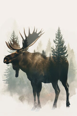 Fine Art Print of Moose Shape Double Exposure with Pine Forest, Artistic Composition in Muted Greens and Browns on White Background