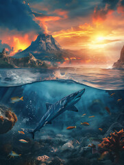 shark and various fishes in under water sea with sunset sky and volcano mountain eruption...