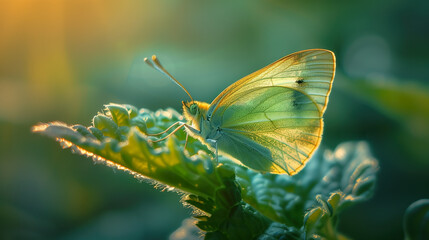 A gentle butterfly basks in the golden light of sunset, its wings casting a delicate glow on the...