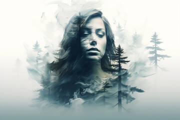 Artistic double exposure illustration showcasing the fusion of a beautiful girl and a mystical foggy pine forest. Ai generated